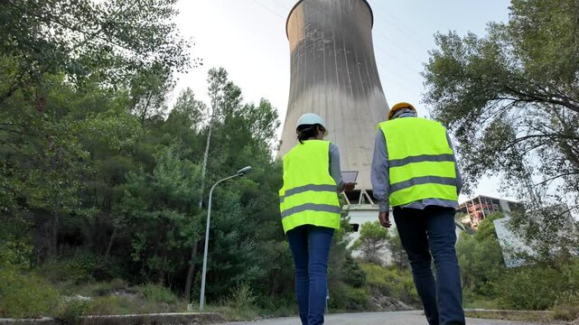 Two engineers inspecting thermal and nuclear power plant with mobile devices and tablets