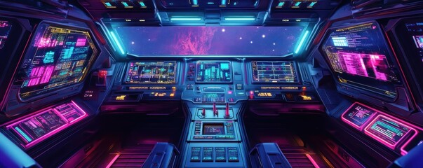 Obraz premium Futuristic spaceship control room with neon lights and advanced technology, offering an immersive sci-fi experience in space exploration.