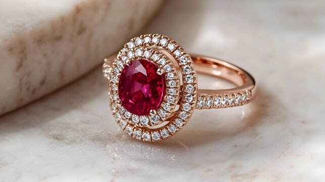 Exquisite and Extravagant Ruby and Diamond Ring Set in Luxurious Rose Gold Band Showcased on a Luxurious Marble Surface Capturing the Essence of Elegance and Opulence