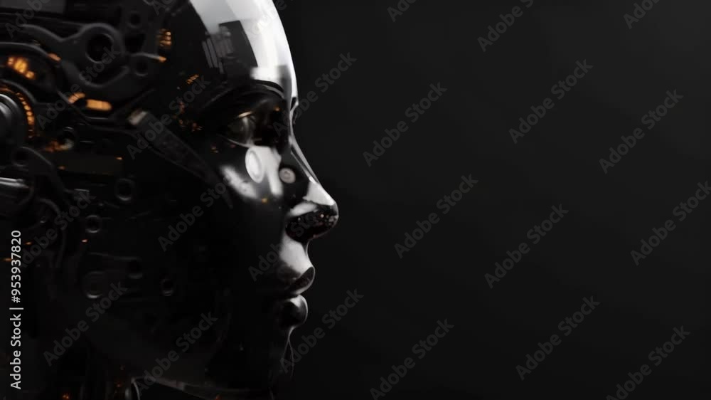 Poster black reflective humanoid robot face in profile against a dark background, representing advanced ai 