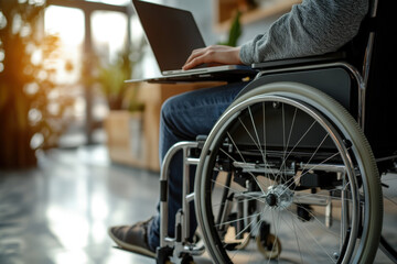 Obraz premium Businessman is working on a laptop while sitting in a wheelchair in an office