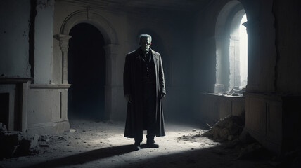 Frankenstein’s monster, with his unmistakable bolts and tattered clothing, wanders through the dark, dusty halls of an abandoned castle. The monster’s heavy footsteps echo in the empty corridors