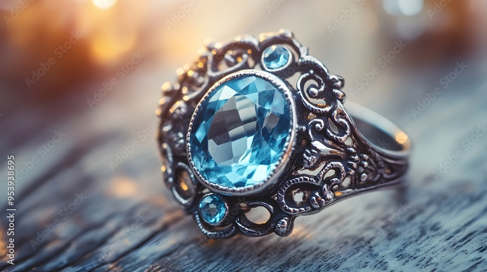Poster captivating vintage aquamarine crystal ring with intricate silver scrollwork setting displayed on a 