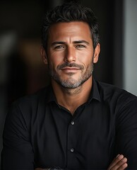 Fototapeta premium A man in a black shirt with his arms crossed