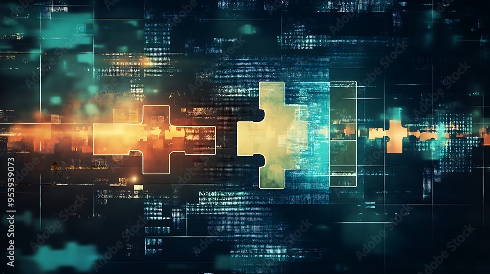 Poster digital puzzle pieces connected on abstract technology background
