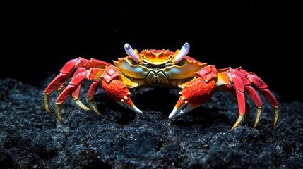 Fototapeta premium Vibrant Sally Lightfoot Crab on Rocky Surface Against Black Background Showcasing Stunning Colors and Unique Marine Biodiversity