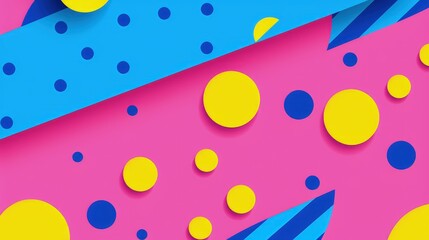 A vibrant abstract design featuring colorful geometric shapes and patterns in bright pink, blue, and yellow.
