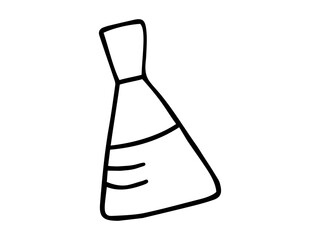 Simple Black outline illustration of laboratory flask with liquid, drawn in minimalistic style. Concept of science, chemistry, laboratory experiments, education. Print, Icon, Design Element.