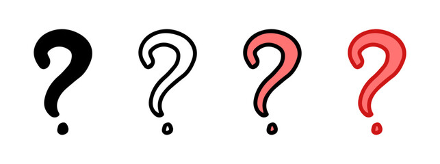 Set of question marks featuring colored illustrations, black silhouette, black outline versions. Isolated on white background. Concept of inquiry, curiosity, confusion, punctuation. Design elements.