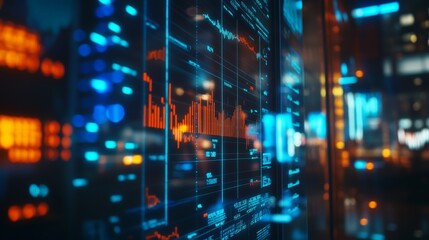 Cryptocurrency charts and graphs on a glass monitor.