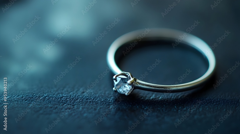 Poster minimalist and elegant platinum ring with a small hexagonal crystal displayed on a clean monochrome 