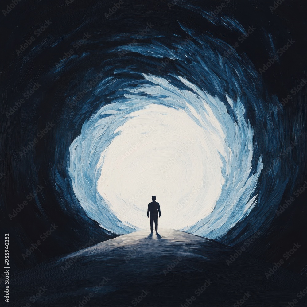 Poster a lone figure on a dark path surrounded by swirling shadows, with a distant light representing the f