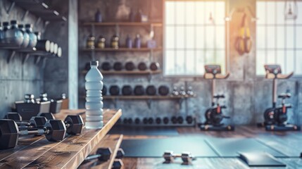 Obraz premium A high-quality stock image of a gym setup featuring dumbbells and a water bottle on the left side, leaving space on the right for text. Perfect for fitness content, workout plans, and gym promotions.