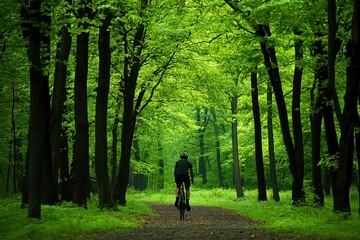 Cyclist riding through green forest path in serene setting