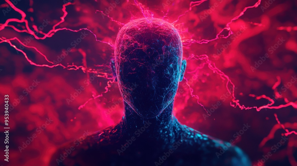Poster a sci-fi scene where a person is enveloped in a holographic storm of depression and hopelessness, wi