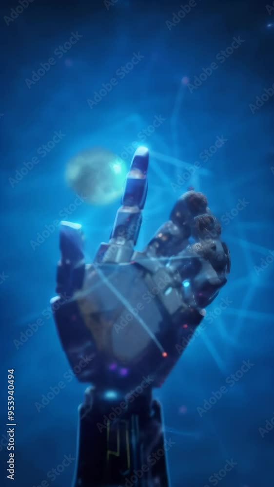 Aufkleber Robotic hand pointing at a digital interface with blue lights, representing AI in data interaction and interfaces.