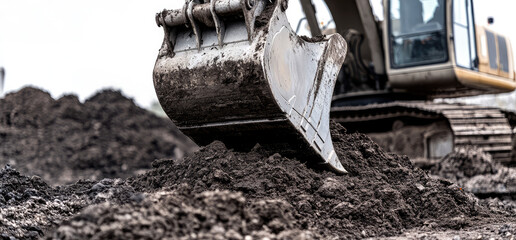Close-up of crawler excavator detail digging soil at construction site, background with earth moving machine, excavation vehicle