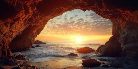 Sunset Behind Beach Cave