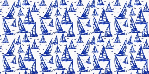 Coastal sail boat in azure ocean blue seamless border background, Modern sailing race boat block print banner for decorative coast interior furnishing fabric edge trim. 