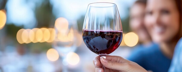 A happy family enjoying a summer BBQ supper outside while sipping red wine - A variety of ages enjoying a weekend meal - Summer food, flavour, and concept - Emphasis on toasting with hands.