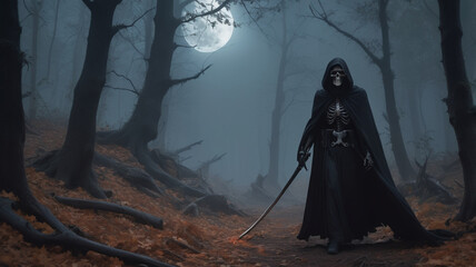 Fototapeta premium The Grim Reaper, with his iconic scythe and flowing cloak, emerges from the shadows of a dark, twisted forest. The full moon above casts an eerie light, creating stark contrasts