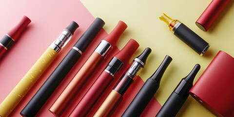 Naklejka premium Close-up of different electronic cigarettes and vapes on a simple color background with copy space