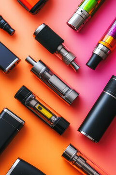 Close-up of different electronic cigarettes and vapes on a simple color background with copy space