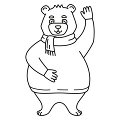 A bear in a scarf. Animal christmas and new year illustration.Cute winter teddy bear.Outline vector illustration.Isolated on white background.