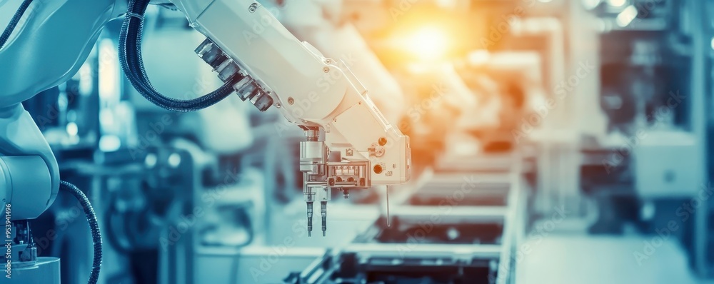 Poster industrial robotic arm at work in factory. modern automation and robotics in manufacturing industry.