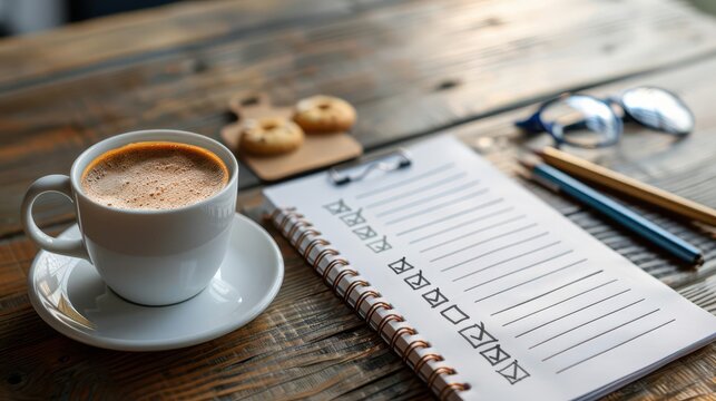 Workspace with checklist and coffee, morning productivity setup