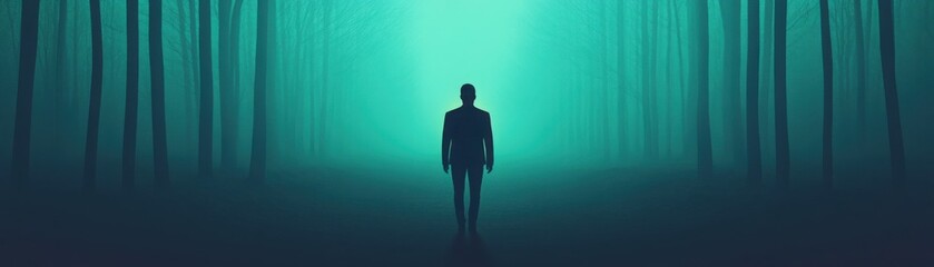 Obraz premium A solitary figure walking through a dark forest with a faint light emerging in the distance, representing the journey from depression to healing