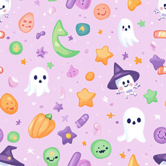 Halloween design featuring cute ghosts, stars, and candy on a pastel pink background