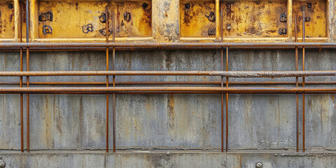 Closeup of Reinforcement steel bars for concrete in construction site structural engineering, copy space banner