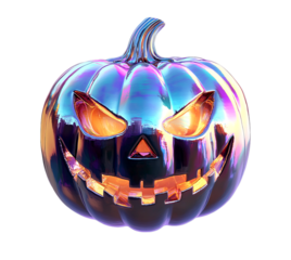 A metallic, iridescent pumpkin with glowing eyes and a menacing grin is displayed on a transparent background.


