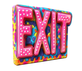 A colorful, textured exit sign with polka dots and a 3D effect is displayed on a transparent background.

