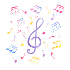 Multicolored cute flying music notes around treble clef watercolor poster. Pink, blue, yellow, purple note symbols illustration for Music day celebration, musical atmosphere design, greeting card.