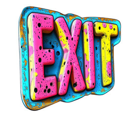A colorful, textured sign reading "EXIT" is displayed in bold, 3D lettering.

