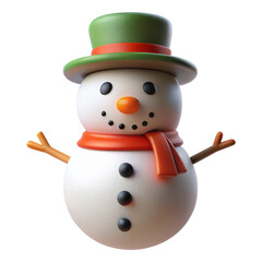 3D snowman wearing a green hat and orange scarf, complete with button eyes, a carrot nose, and stick arms. Design for Christmas and winter themes. Isolated on transparent background, png.