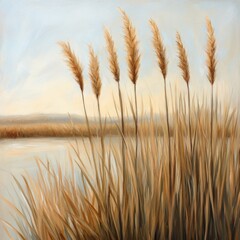 Warm breeze rustling through tall reeds by a river, mild weather, peaceful setting
