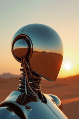 A humanoid robot with a face made of OLED panel reflecting the surrounding sandy desert landscape at sunset.  AI generative.