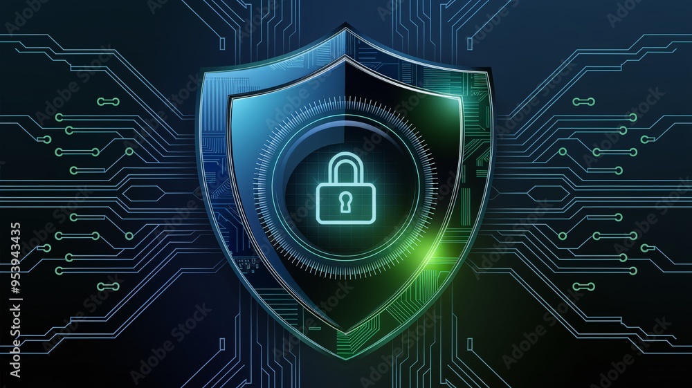 Poster cybersecurity shield: a glowing blue shield with a padlock symbol embedded within, a visual represen