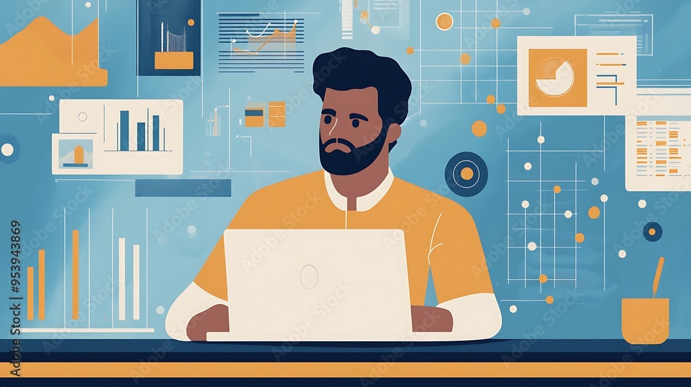 Poster a man analyzing data on his laptop with charts and graphs in the background