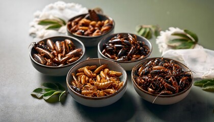 A creative setup featuring edible insects, like roasted crickets and mealworms, presented as protein-rich snacks in small, stylish bowls.
