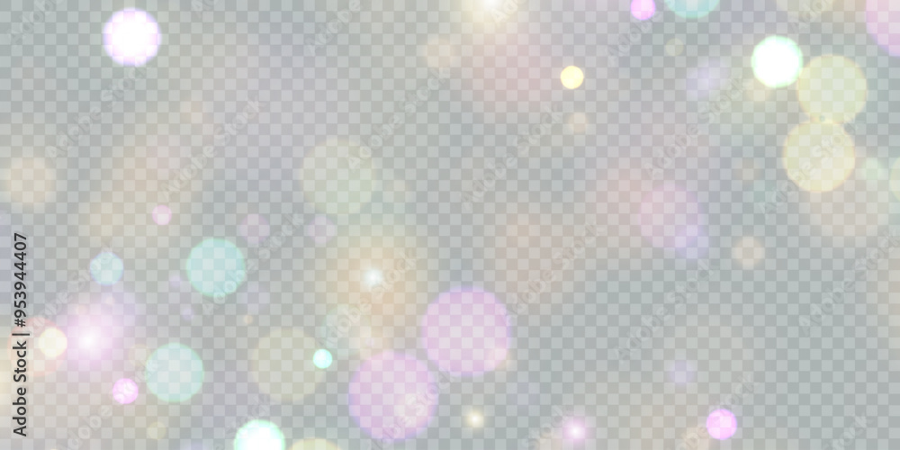 Poster Sparkling glare light effects with colorful shimmer. Beautiful lens flare effect with bokeh, glittery particles and rays. Shining abstract background. Vector illustration	
