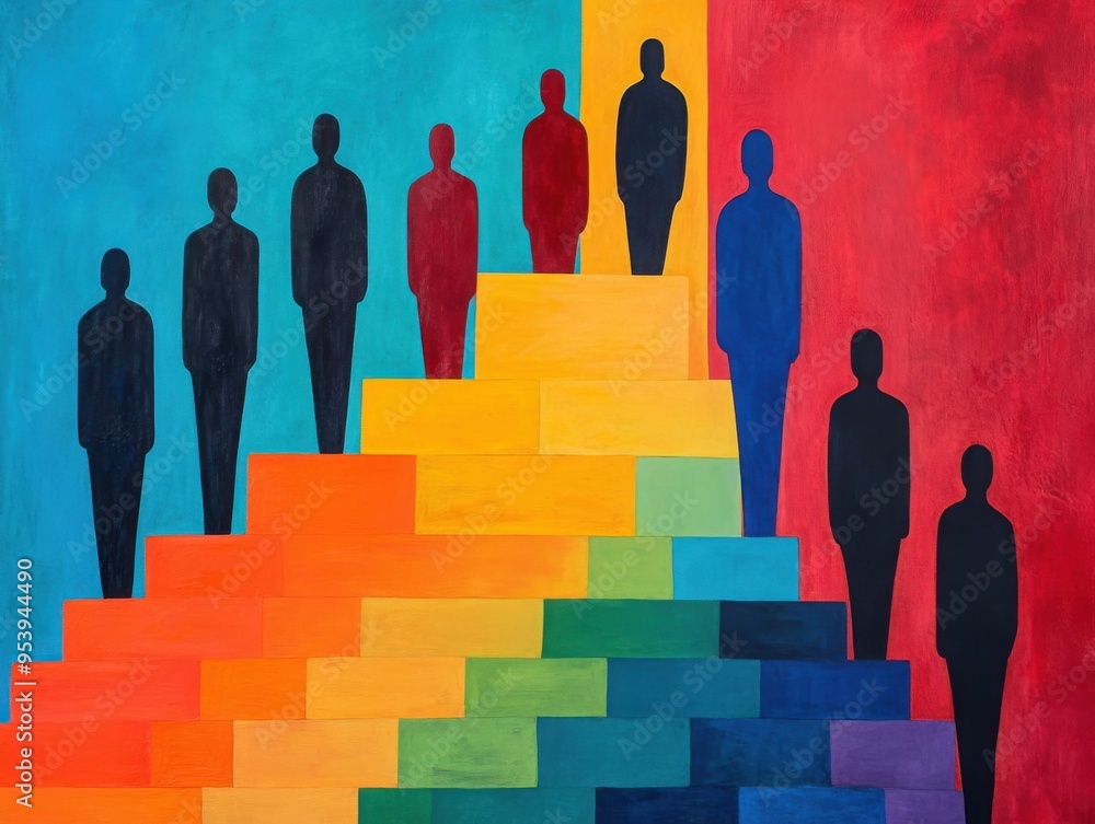 Poster abstract human figures climbing a staircase of knowledge and empathy, with each step painted in diff