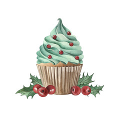 Christmas cupcake with holly leaves and berries. The cake with green cream and red beads and the plants are hand-painted in watercolor in red and brown tones. For the design of New Year's packaging