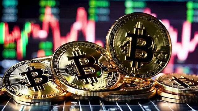 Monitor with unpredictability pulsating of cryptocurrency bitcoin trading chart. AI generated.