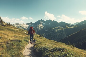 Obraz premium Hiker on mountain trail with scenic landscape