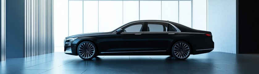 Luxury black sedan parked in a modern showroom with natural light streaming through large windows, emphasizing its sleek design and elegance.