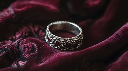 Exquisite antique inspired ring featuring a braided burgundy leather band encased in an ornate silver setting with intricate engravings elegantly displayed on a luxurious velvet cloth